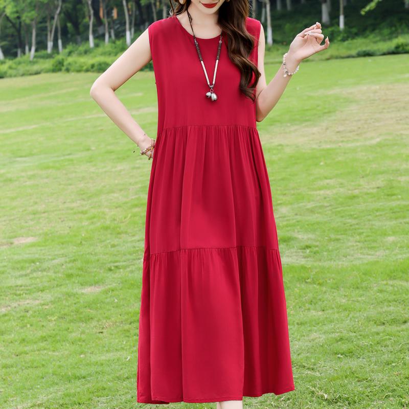 Elegant Sleeveless Dress for Women Plus Size Loose Vintage Print Long Dress Summer Middle-aged Women's Clothing