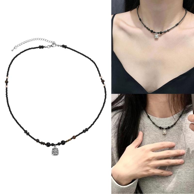 Vintage Chinese Style Lion-Pendant Necklace for Women Men Lucky Punk Unusual Stone Bead Choker Chain On The Neck Beads