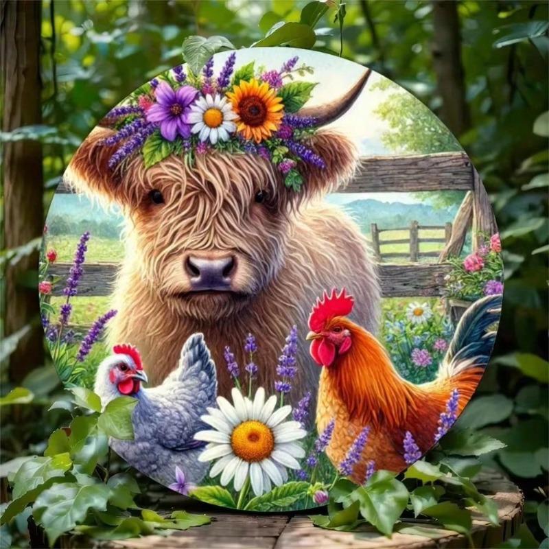 Metal Wall Art Highland Cow and Chicken Decor Rustproof Waterproof Home Decoration
