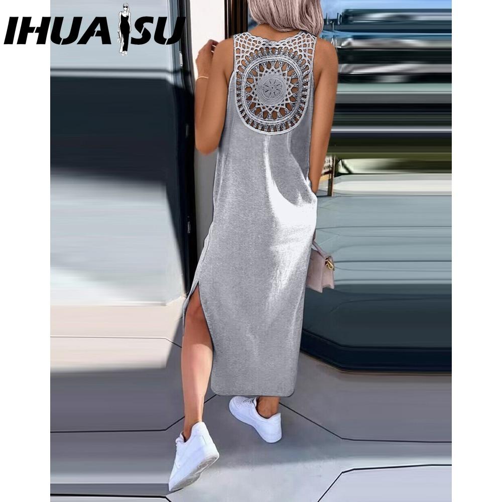 IHUASU Letní jednoduché jednobarevné krajkové bez rukávů pro ženy