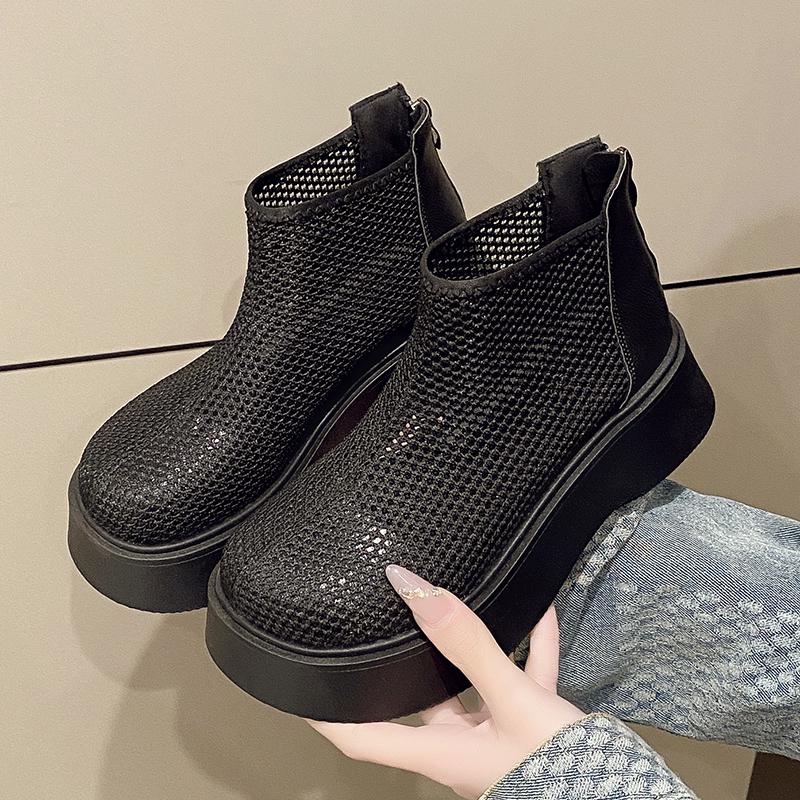 Summer New Style Round Head Mesh Cloth Breathable Rear Zipper Waterproof Platform Anti-slip Wear-resistant Short Boots