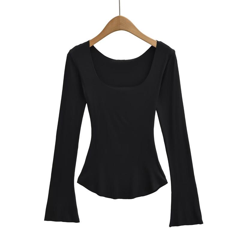 Koreanischer Stil Schlank geschnittenes Quadratischer Ausschnitt Glockenärmel Damen T-Shirt, Elegant Nische, Tailliert, Sexy Schlankmachendes Basisschicht Top