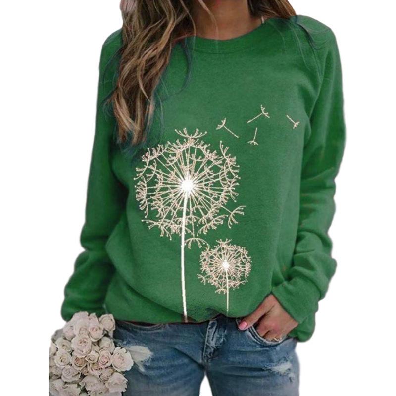 Women's Autumn/Winter 2024 Dandelion Print Crew Neck Sweatshirt - Loose Casual Fit