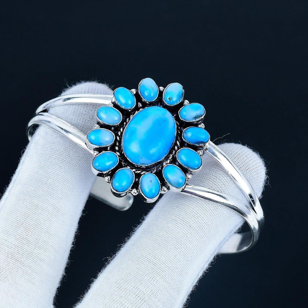 Sleeping Beauty Turquoise Gemstone Handmade Cuff Bangle 925 Sterling Silver Cuff Bangle, Turquoise Flower Shape Bracelet For Wife, Unisex Bangle