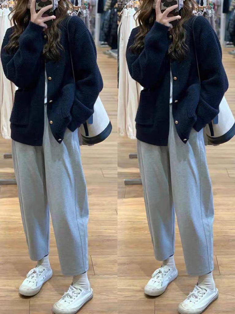Women's 100% Wool Loose Round Neck Knit Cardigan Sweater Coat