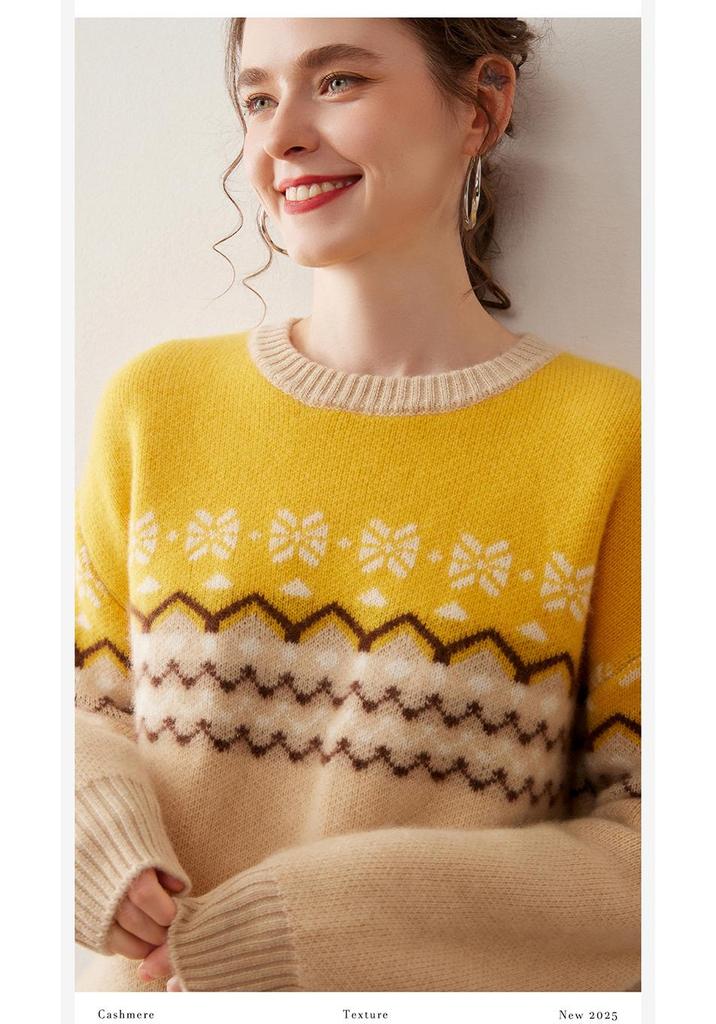 Women's Simple Fair Isle Snowflake Cashmere Sweater - Autumn/Winter Knitwear Pullover