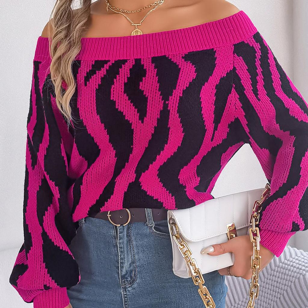 GMXIA Women's Fashion Casual  Autumn Winter Long Sleeve One Shoulder Loose Off-shoulder Sleeved Sweater In Contrasting Colors
