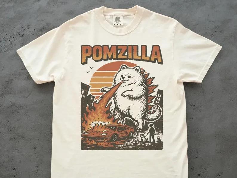 Funny Pomeranian Godzilla Shirt – Vintage Comic Monster Pom Tee Weird Gift Unisex T-Shirt M