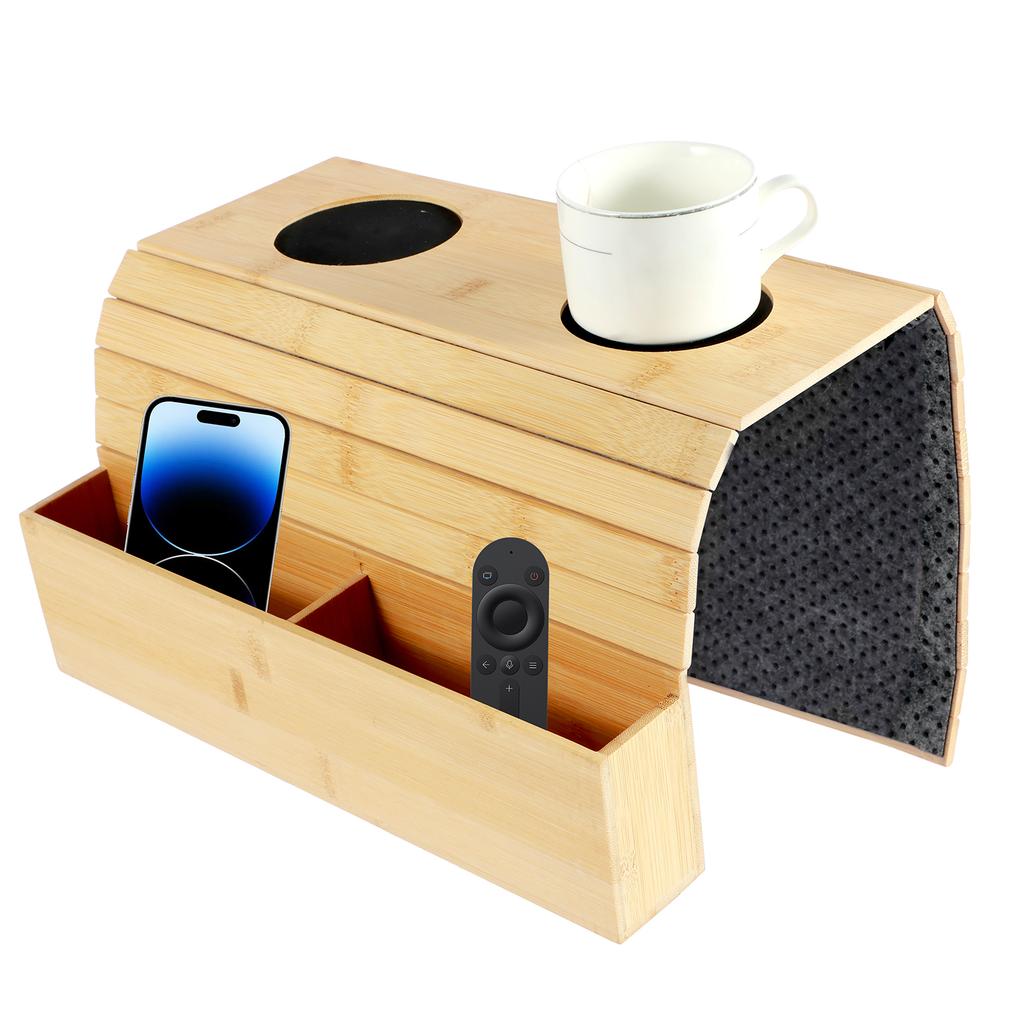 Sofa Arm Tray Bamboo Couch Arm Tray with Basket Foldable Nonslip Splash Proof Sofa Organizer Tray Sofa Arm Table for Drink Snack