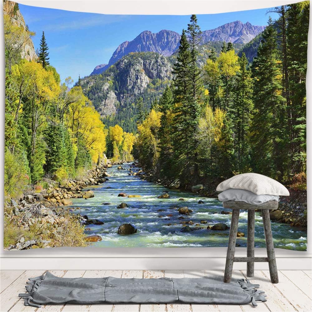 YISURE Nature Mountain Forest Tapestry, Scenic Green Pine Tree Waterfall Landscape Wall Hanging Tapestries for Home Office Dorm Indoor and Outdoor
