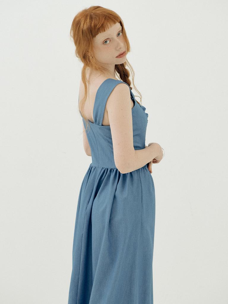 Vi Lac Tea Denim Shirring Dress