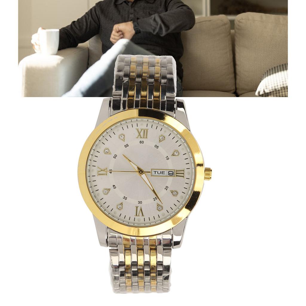 Watch for Men Quartz Day Date Waterproof Casual Luxury Luminous Fashion Dress Watch with Alloy Watchband for Business Gold White