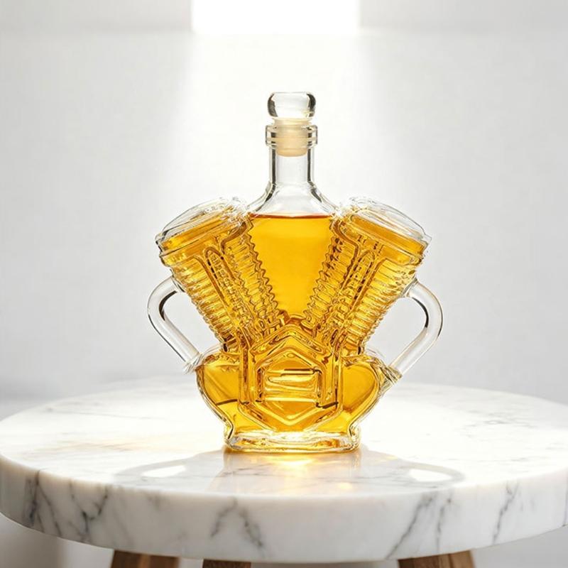 Clear Glass Engine Bottle with Motor Shape for Cabinet Display, Table Pouring, Collector Shelf Placement, and Liquor Service Presentation