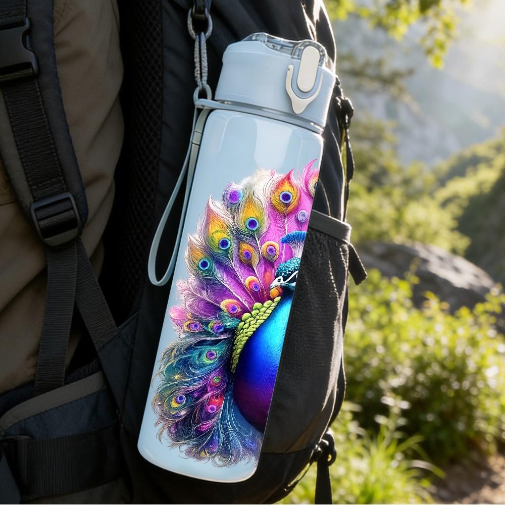 1PC Peacock Feather Colorful Art Print 750ml Color Plastic Sports Water Bottle Leakproof Flip Straw Lid Suitable for Sports Office Home Use