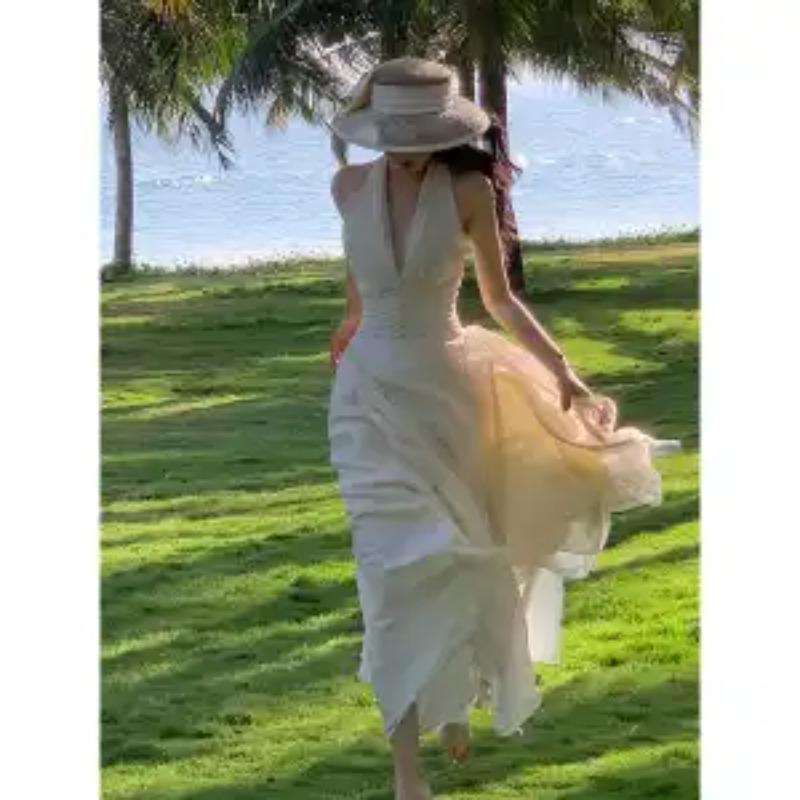 Women s Summer White Halter Deep V Neck Flowy Maxi Beach Dress S белый