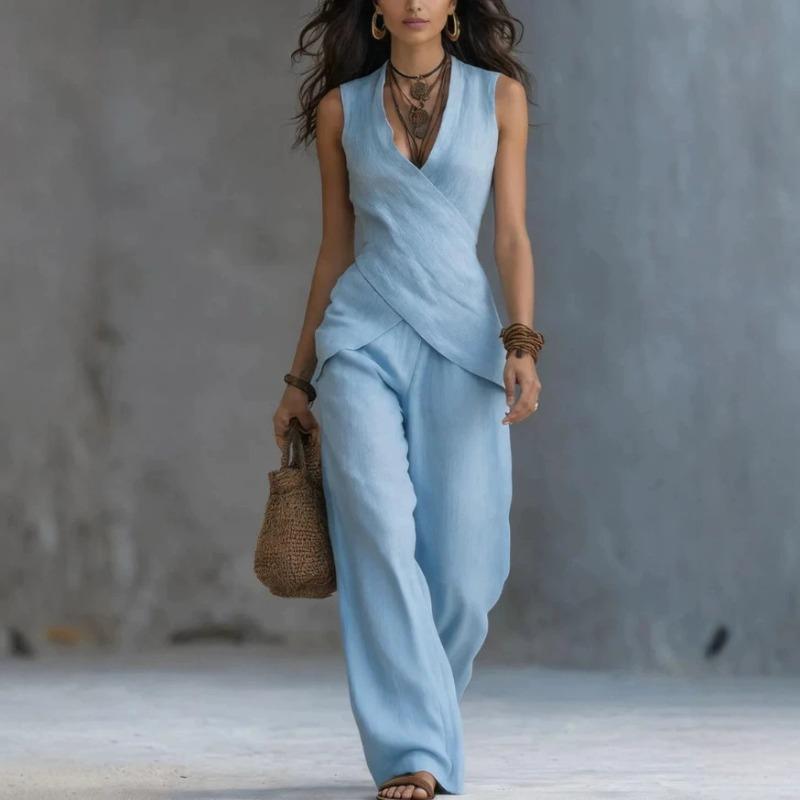QICED Combinaisons Pantalon Casual sans Manches à Col en V pour Femmes