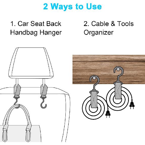Wisdompro Car Seat Headrest Hook, 4 Pack Multi-Purpose Hanger for Handbag, Purse, Coat, Clothes & Grocery Bag - Black