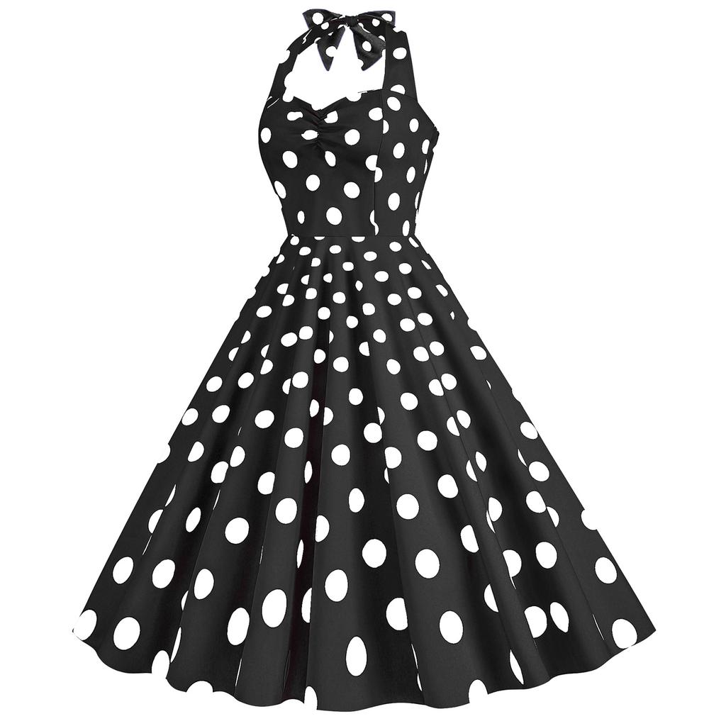 Women's Retro - Dress With Pleated Polka Dots And Slimming Wide Skirt