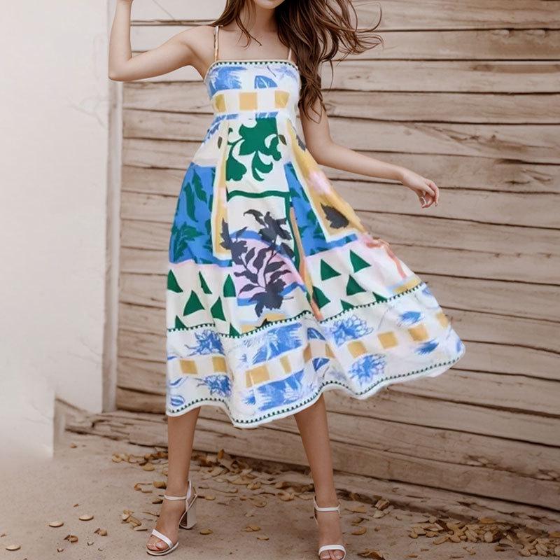 Frühling 2026 Europäisches & Amerikanisches Damenkleid mit Graffiti-Print - Sexy Spaghettiträger, Ärmellos, Großes Saumdesign