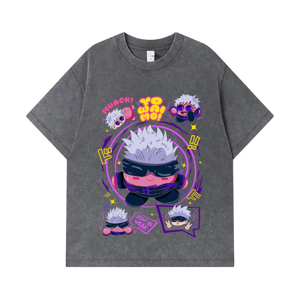 275 GSM Washed T-shirts 100% Cotton Jujutsu Kaisen V41 Kirby Gojo Print Unisex Heavy Cotton T Shirt