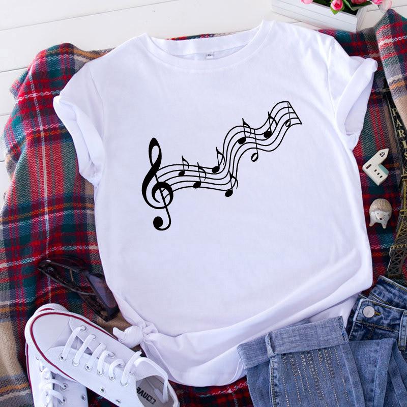 Women T Shirt 2025 Graphic Musical Note Print Cute 90S Summer Lady Clothes Tops Tees Harajuku Short Sleeve Female T-Shirt 2025