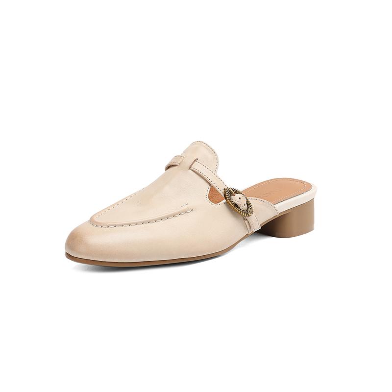 Fashion NEW Summer Women Mules Genuine Leather Shoes for Women Round Toe Chunky Heel Shoes Cover Toe Slingback Sandals Buckle Slippers