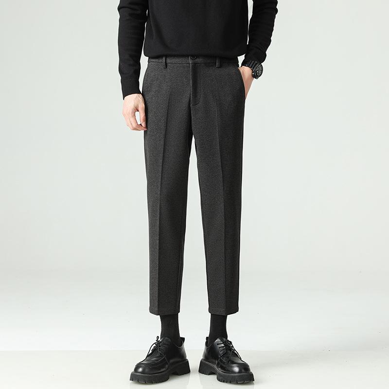 Autumn and Winter New Velvet Thickened Men's Drape Black Pants Small Trousers Men's Slim Straight Casual Pants