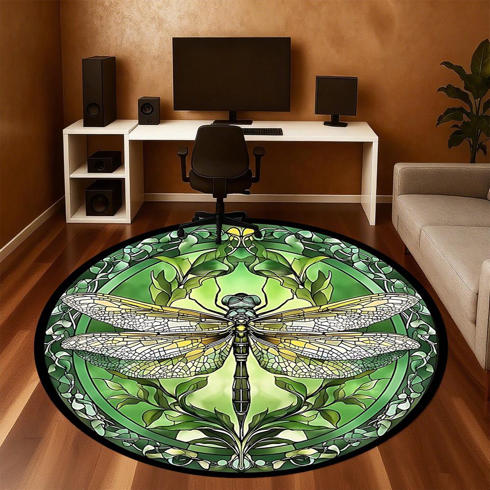 1pc Dragonfly Stained Glass Round Chair mat Area Rug - Non-Slip, Floor Mat for Office, Bedroom, and Indoor Decor -1002267