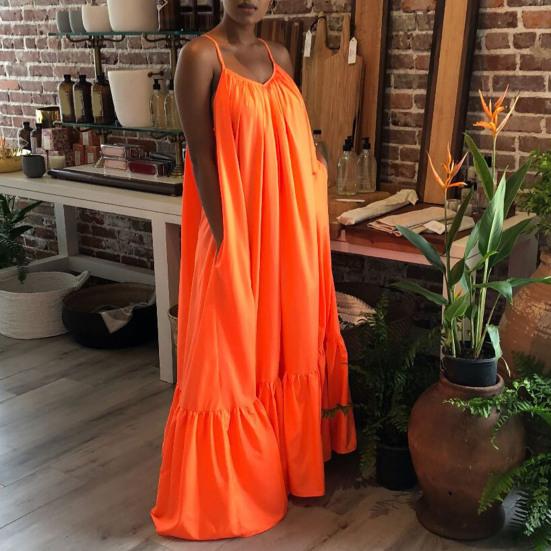 Maxi Dress Backless Casual Floor-length Solid Color Big Swing Strap Pocket Sling Dress for Beach