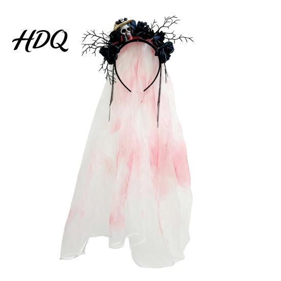 Horror Theme Party Decorations Gothic Flower Headband with Veil Spooky Black Rose Dead Branch Skull Headpiece Masquerade Accessories Day of