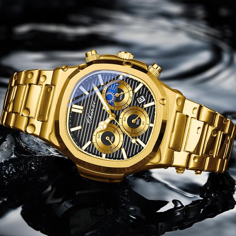 2025 Luxury Watch Men Business Fashion Waterproof Stainless Steel Chronograph Moon Phase Quartz Wristwatch Male Clock