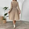 Women Autumn Long Sleeve A Line Dress High Waist Pleated Solid Bow Collar Long Dresses Spring Sizes S XL
