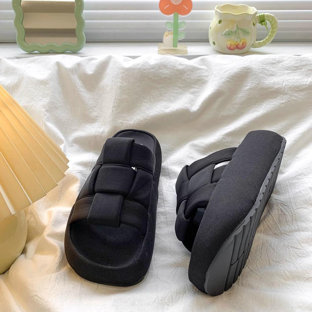 French woven one-word slippers women's summer wear new breathable Roman sandals muffin thick-soled cool slippers