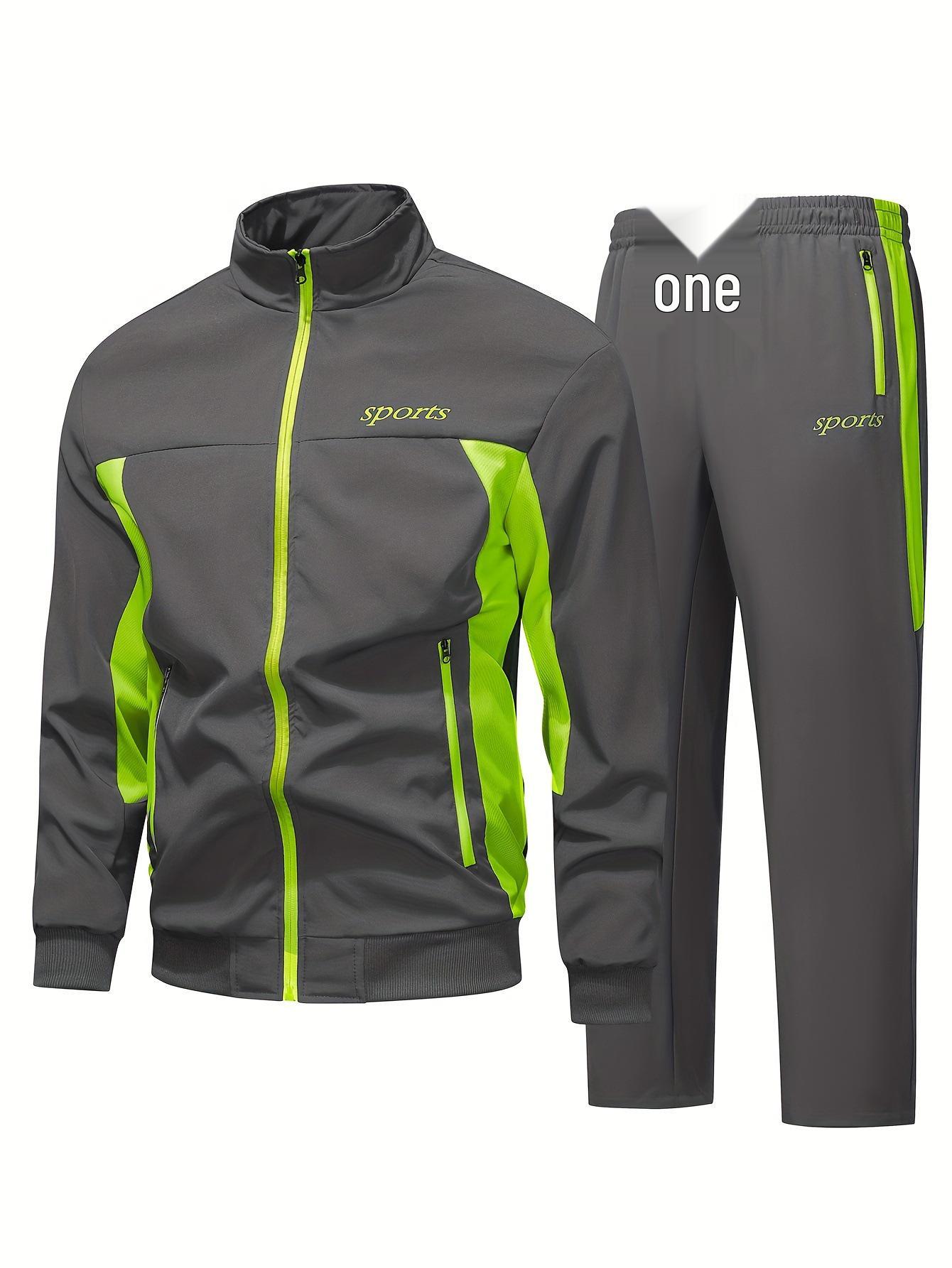 Men s Autumn Color Block Stand Collar Casual Sportswear Suit