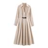 2026 Womens Loose A-Line Midi Dress With Waist Belt Casual Korean Style Long Sleeve Shirt
