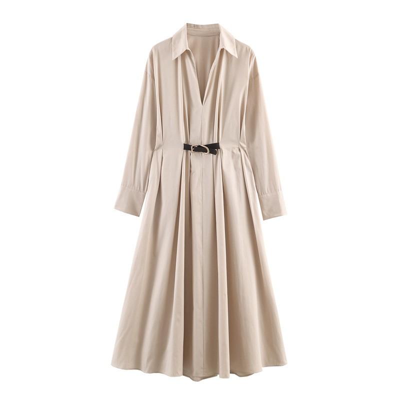 2026 Womens Loose A-Line Midi Dress With Waist Belt Casual Korean Style Long Sleeve Shirt