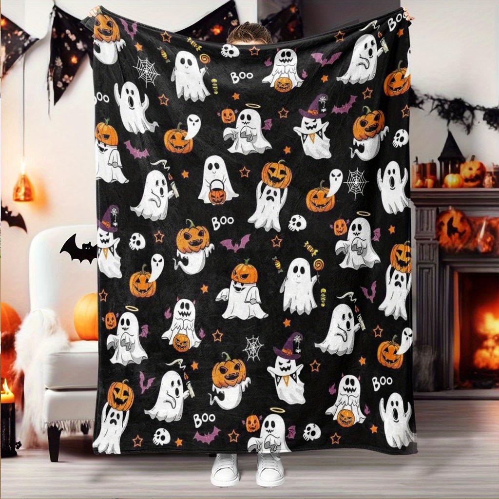 Halloween Ghost Pumpkin Skull Flannel Blanket Throw Blanket Nap Blanket Party Decor Horror Gift Skin Friendly Reversible
