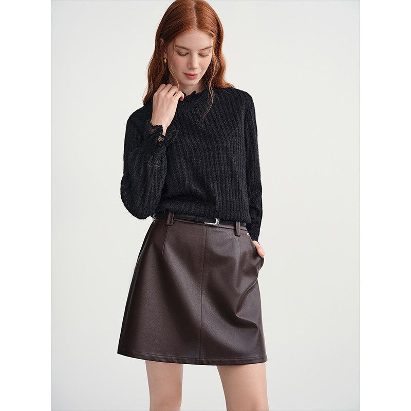 

Dushu Women s Gentle French Style Base Shirt 2026 Spring and Autumn Collection with Ruffled Edges Slimming Lace Knitted Top Quiet Black 5 pieces