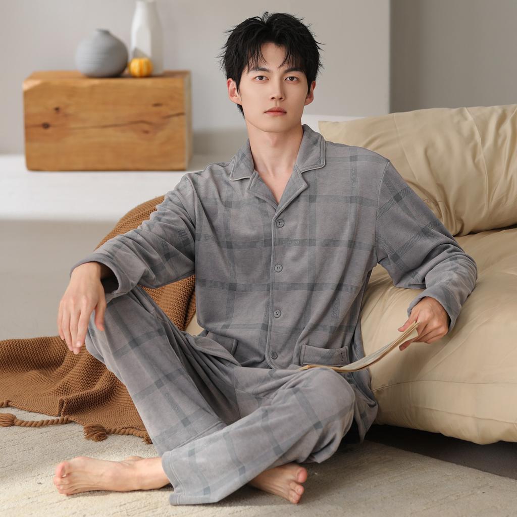Island fleece pajamas men's autumn and winter cardigan high-end men's casual coral fleece warm loungewear winter suit