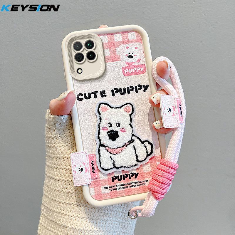 KEYSION Cartoon Cute Plush Embroidery Case for Samsung A12 with Lanyard Soft Silicone Shockproof Phone Back Cover for Galaxy M12