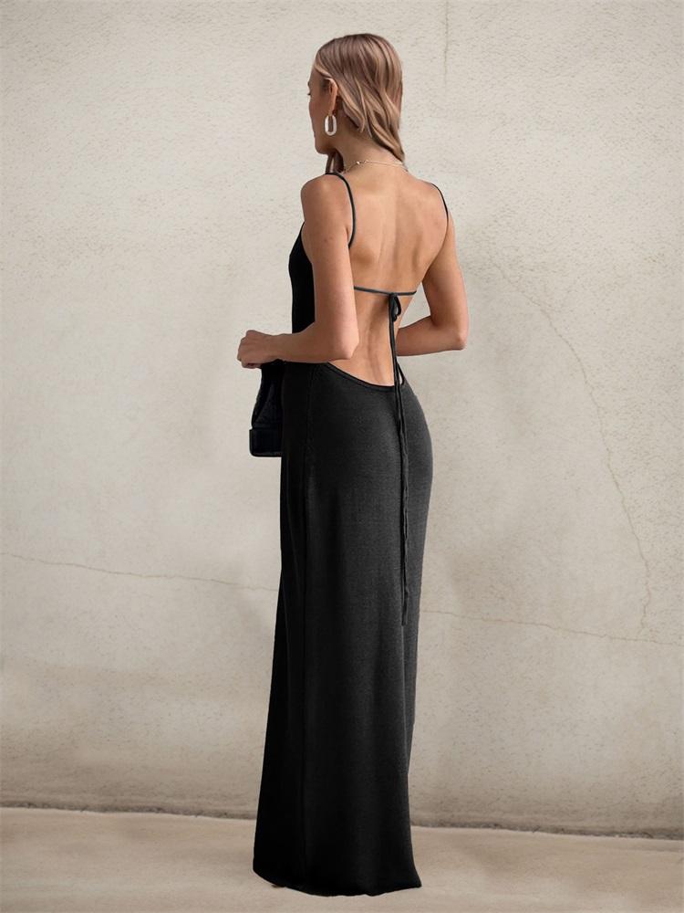 EDOLYNSA 2024 Summer Sexy Backless Knitted Halter Sleeveless Wrap Beach Maxi Dress Swimsuit Bikini Cover-ups Elegant Holiday Bodycon Outfit K8