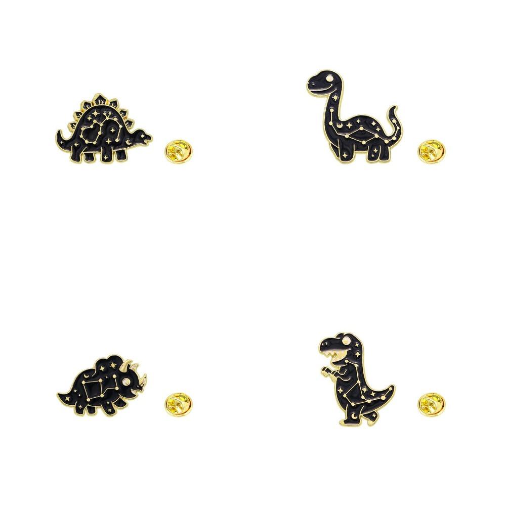 4 Styles Cartoon Space Star Pattern Dinosaur Design Enamel Brooches Girls Cute T-Rex Brontosaurus Stegosaur Shaped Golden Pins