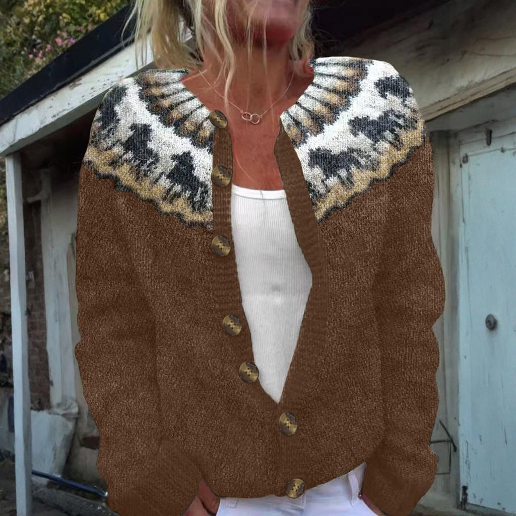 Fair Isle Strickjacken für Damen Rundhalsweite Locker Geschnitten Knopfleiste Grobstrickpullover Offen Vorne Lässige Herbst Strickjacke