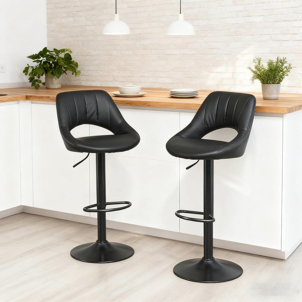 Set of Two Faux Leather Bar Stools - Black