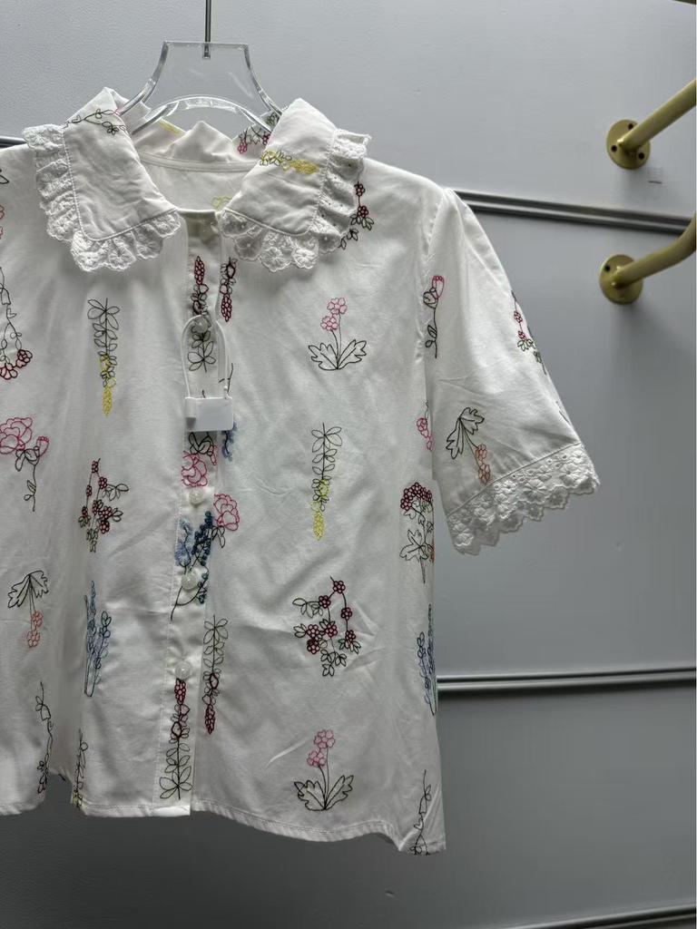 French Floral Embroidered Lace-Trim Lapel Short-Sleeve Loose Shirt for Women
