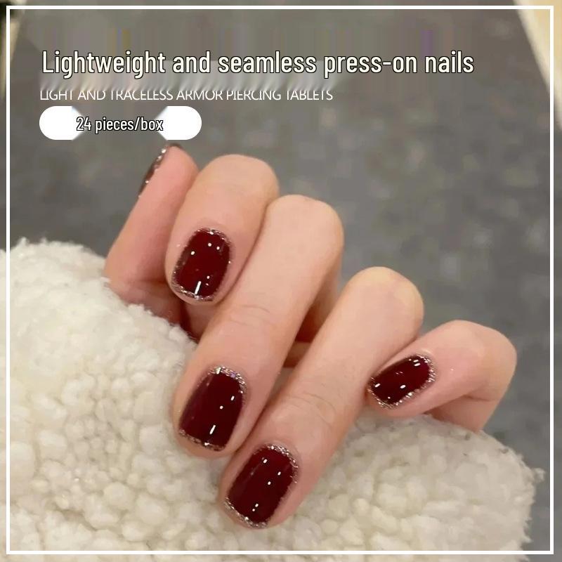 Short Wine Red Glitter Press-on Nails - Simple Manicure Tips with Jelly Glue for Spicy Style