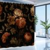 Cortina de Ducha Floral Marrón Oscuro Elegante Patrón de Rosas Estilo Barroco Vintage Lujosa Decoración de Baño Impermeable Montaje Rápido