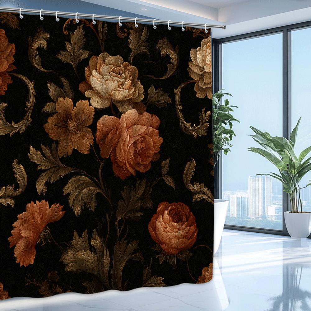 Cortina de Ducha Floral Marrón Oscuro Elegante Patrón de Rosas Estilo Barroco Vintage Lujosa Decoración de Baño Impermeable Montaje Rápido