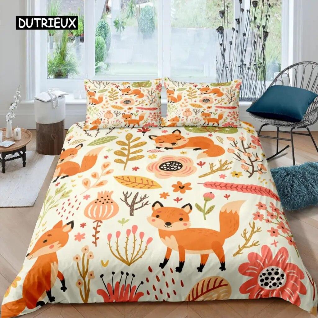 Cartoon Fox King Queen Duvet Cover Lovely Orange Animal Floral Bedding Set Kids Girls Flowers Plant 2/3pcs Polyester Quilt Cover Three Piece Set