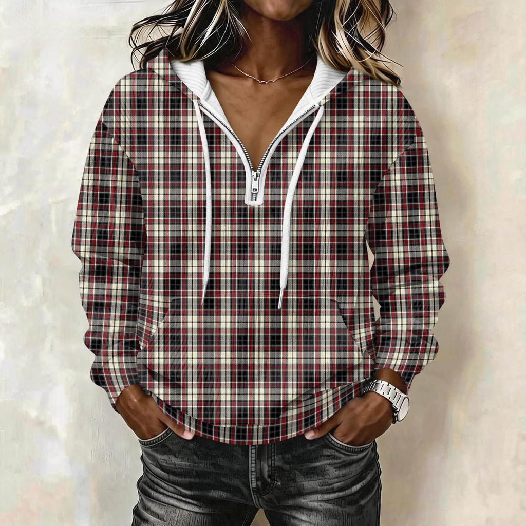 Women's Long Sleeve Pullover Hoodie with Plaid Print and Drawstring Casual Top